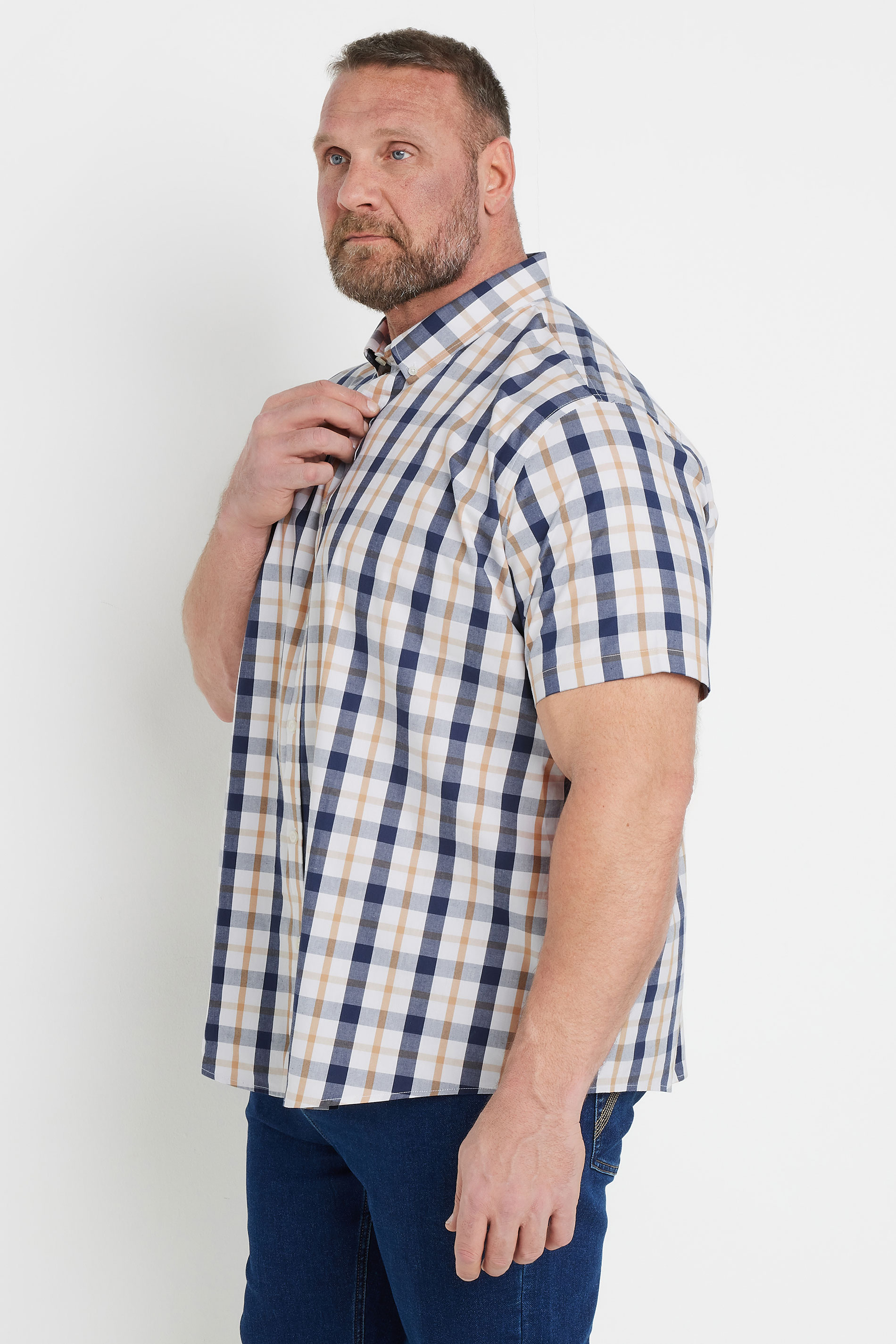 BadRhino Big & Tall Navy Blue & Tan Brown Short Sleeve Check Shirt | BadRhino 4