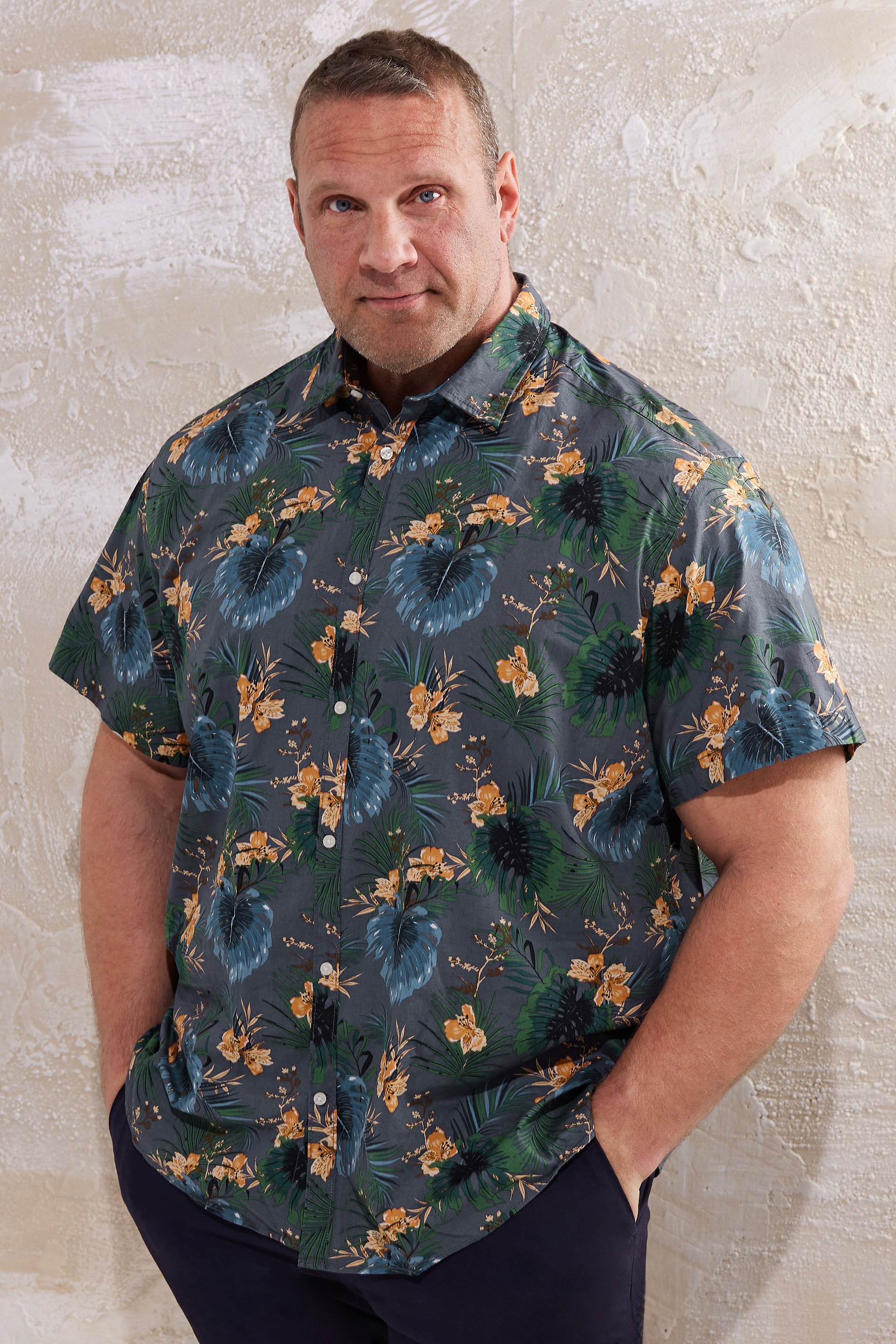 JACK & JONES Big & Tall Grey Hawaiian Printed Shirt | BadRhino 1
