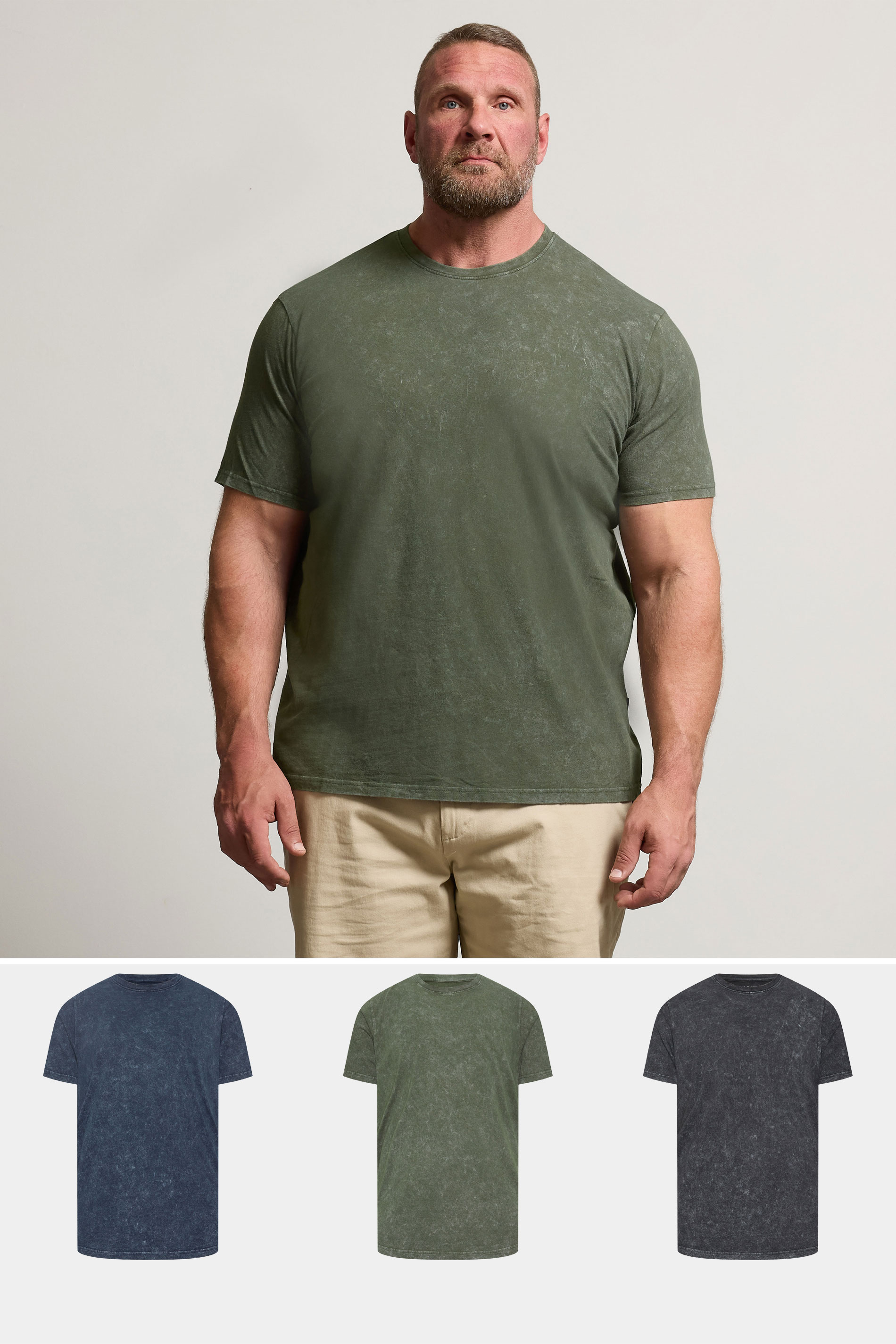BadRhino Big & Tall 3 PACK Khaki & Navy Acid Wash T-Shirts | BadRhino 1