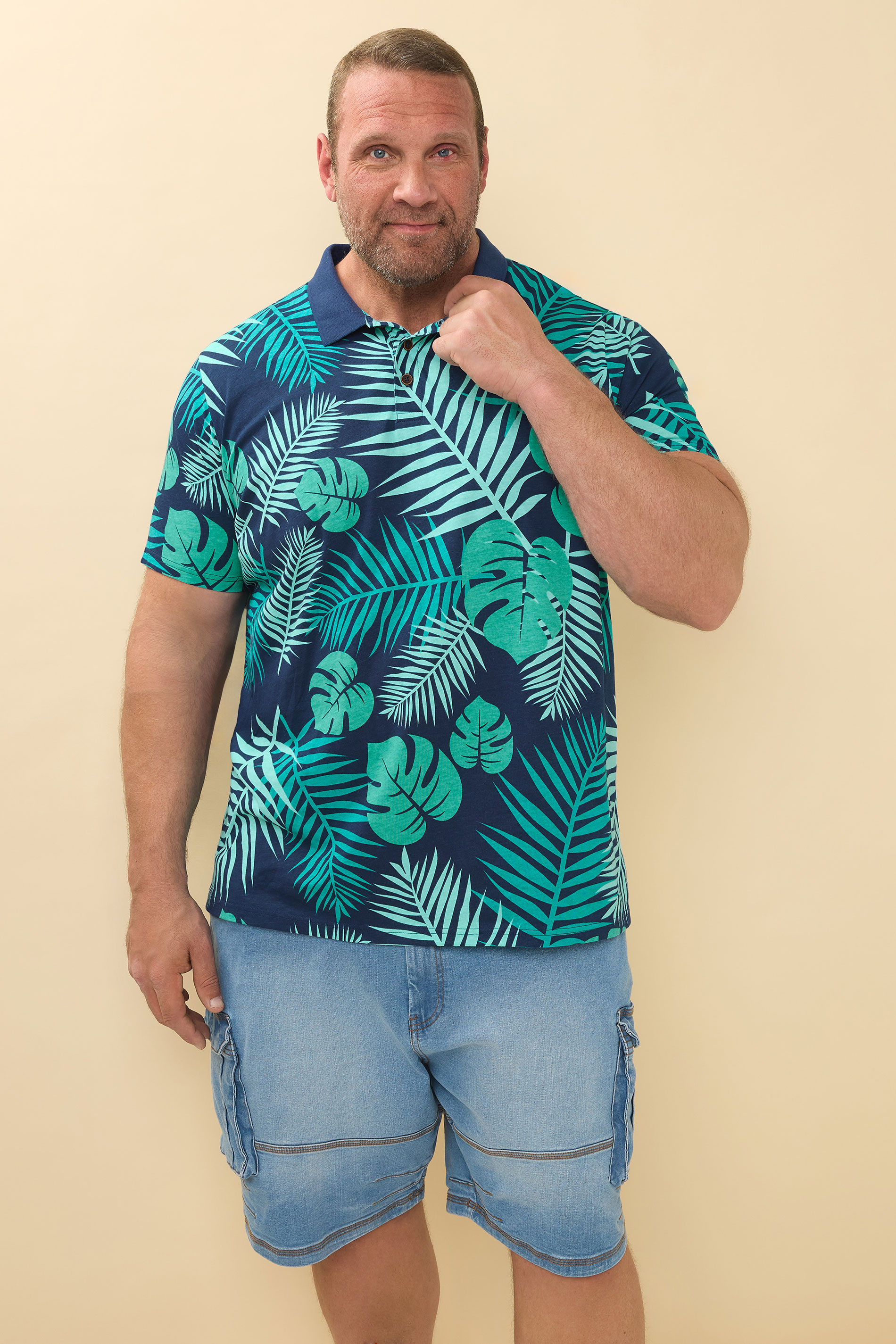 BadRhino Big & Tall Navy Blue Leaf Print Polo Shirt | BadRhino 2