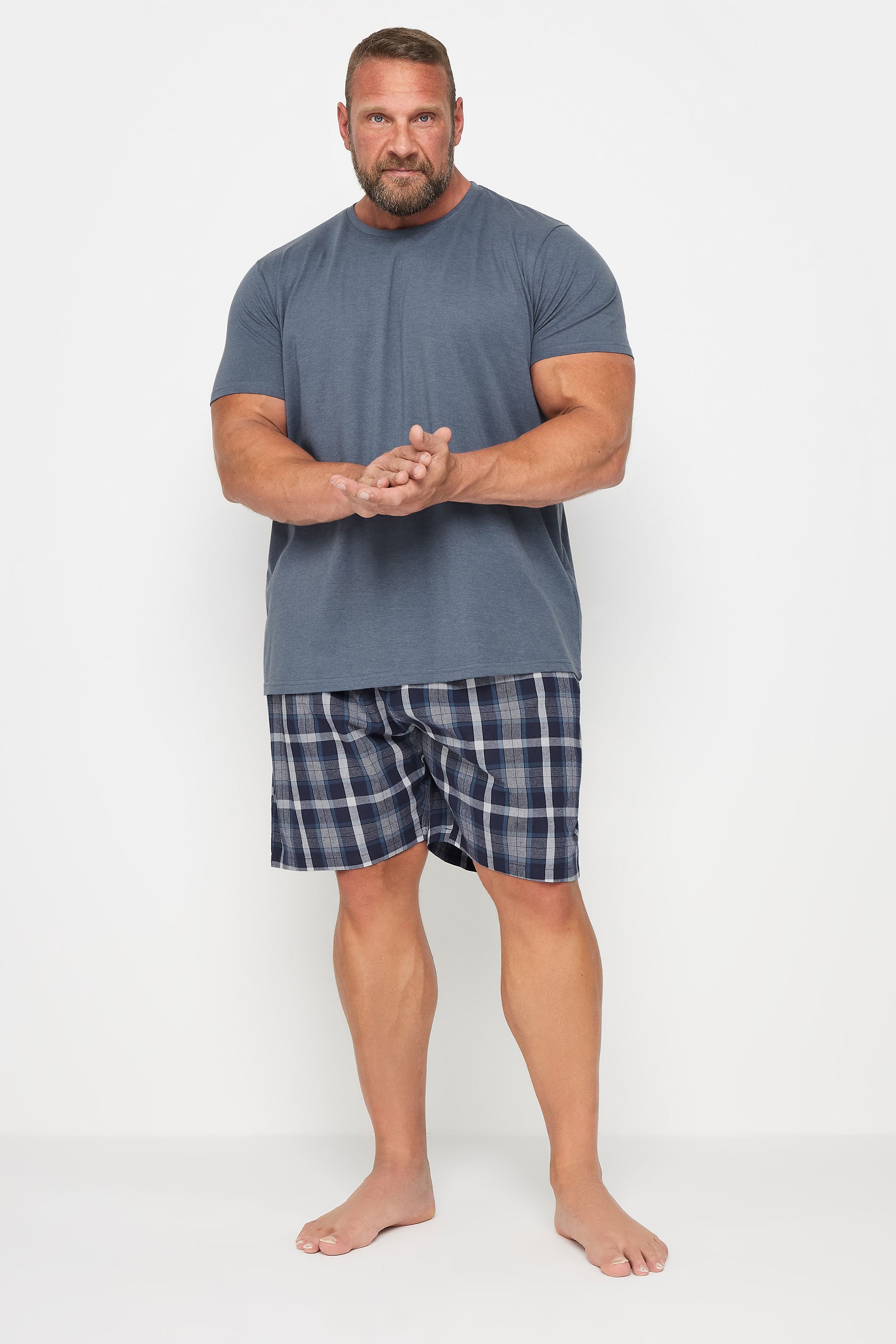 BadRhino Big & Tall Blue Checked Shorts and T-Shirt Pyjama Set | BadRhino 1
