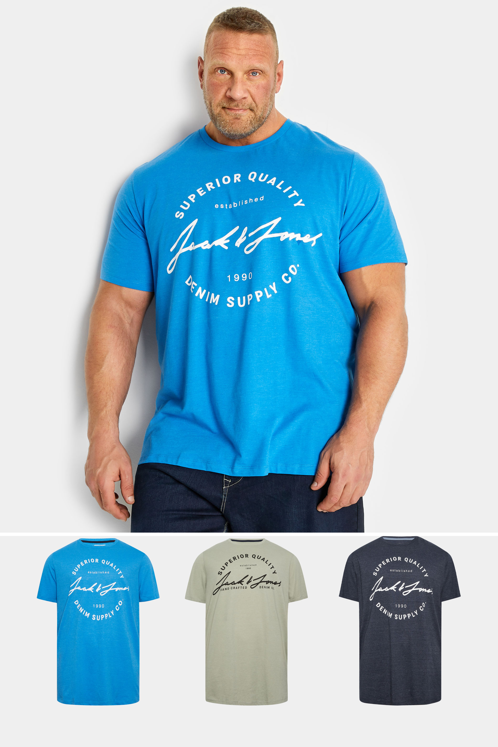 JACK & JONES Big & Tall 3 PACK Blue & Grey Logo Printed T-Shirts | BadRhino  1