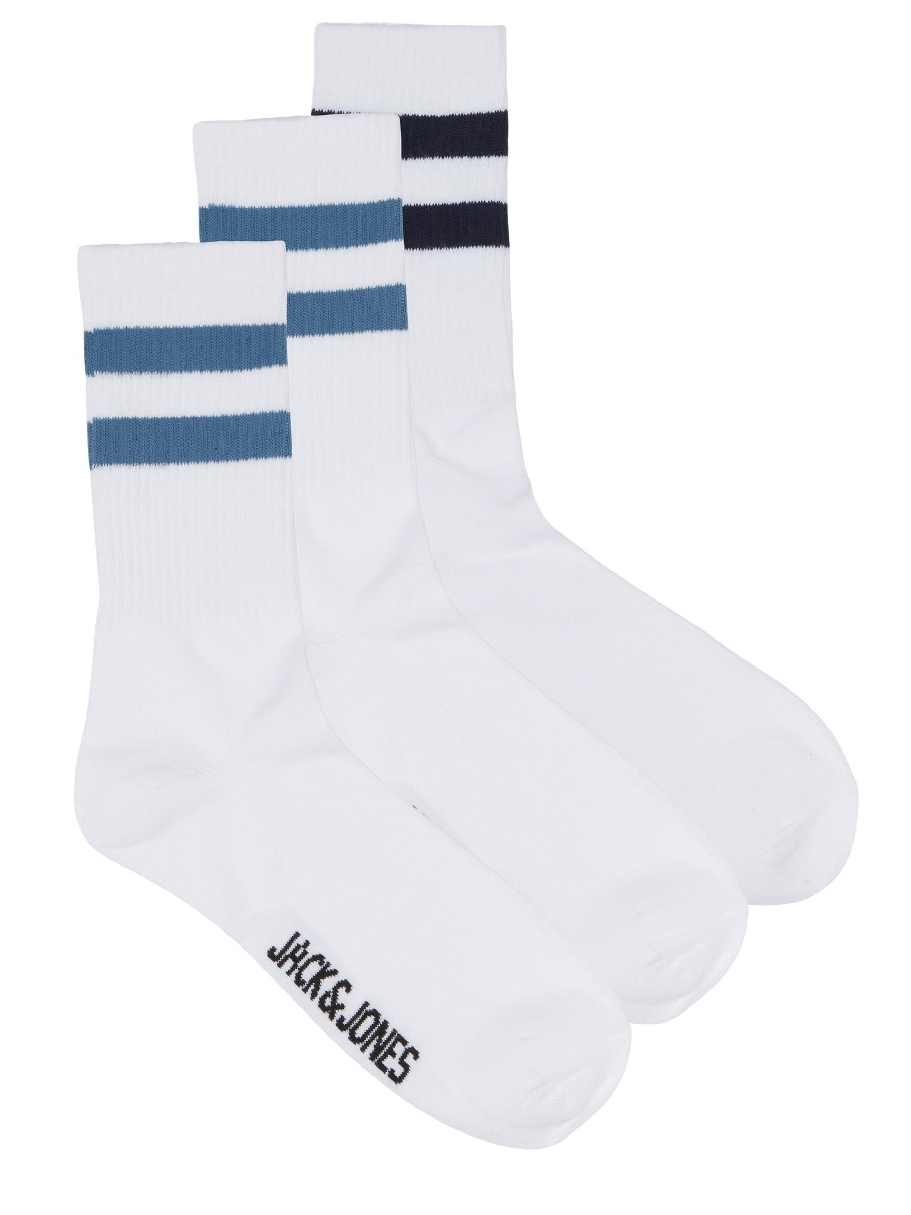 JACK & JONES White & Navy 3 Pack Striped Tennis Socks | BadRhino