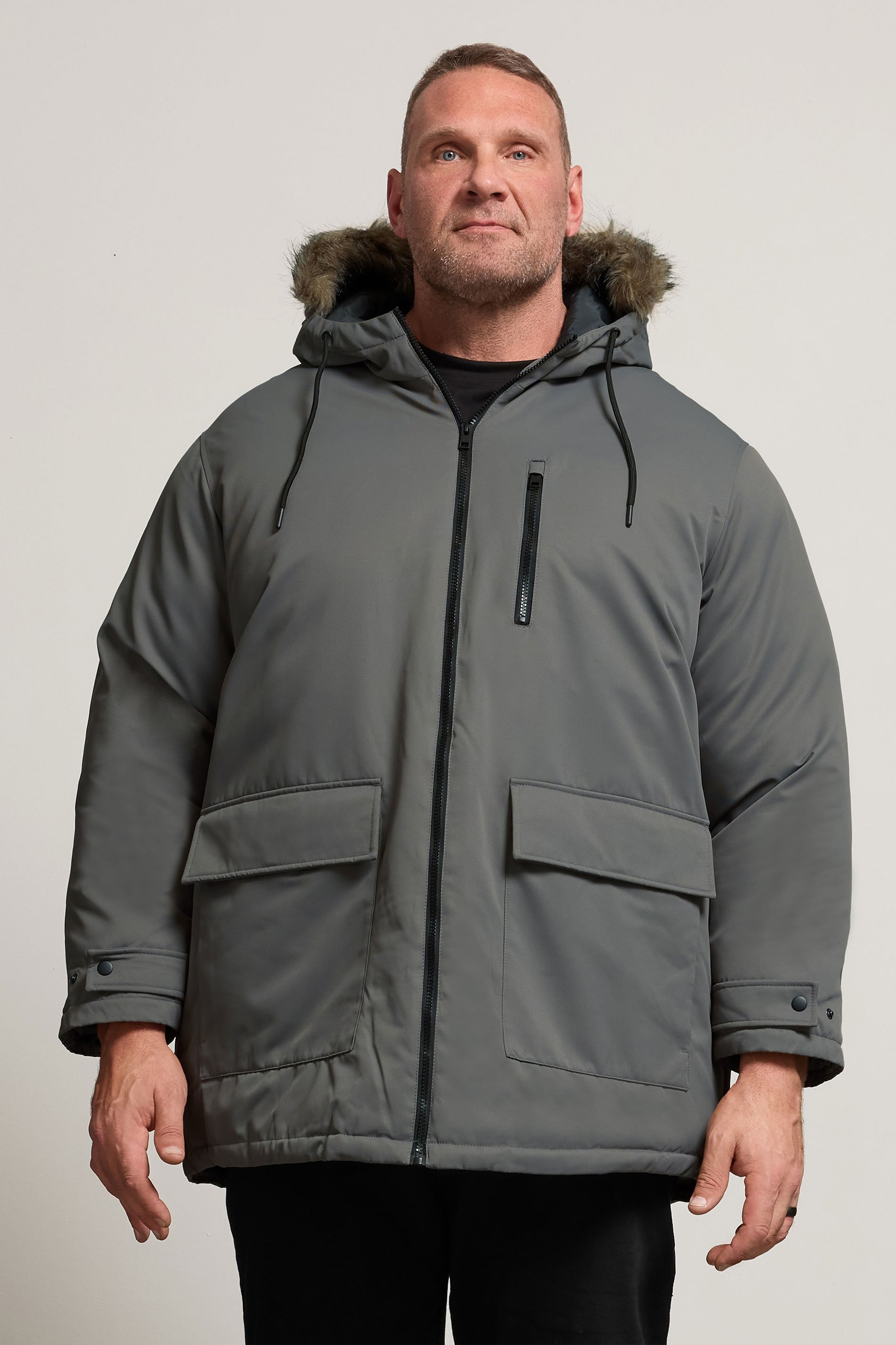 JACK & JONES Big & Tall Grey Faux Fur Detachable Hooded Parka Jacket | BadRhino 1