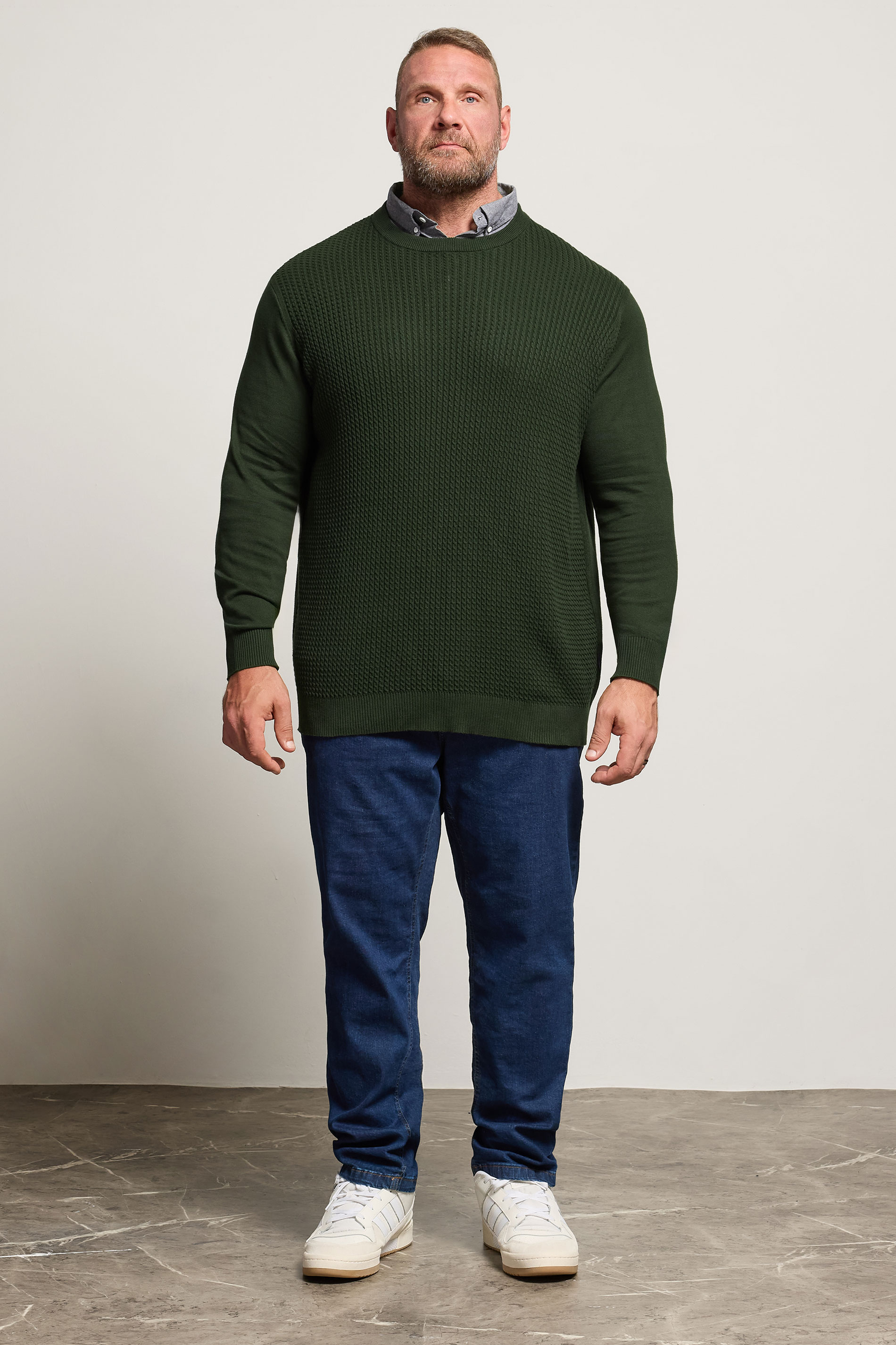 BadRhino Big & Tall Dark Green Cable Knit Mock Shirt Jumper | BadRhino 3