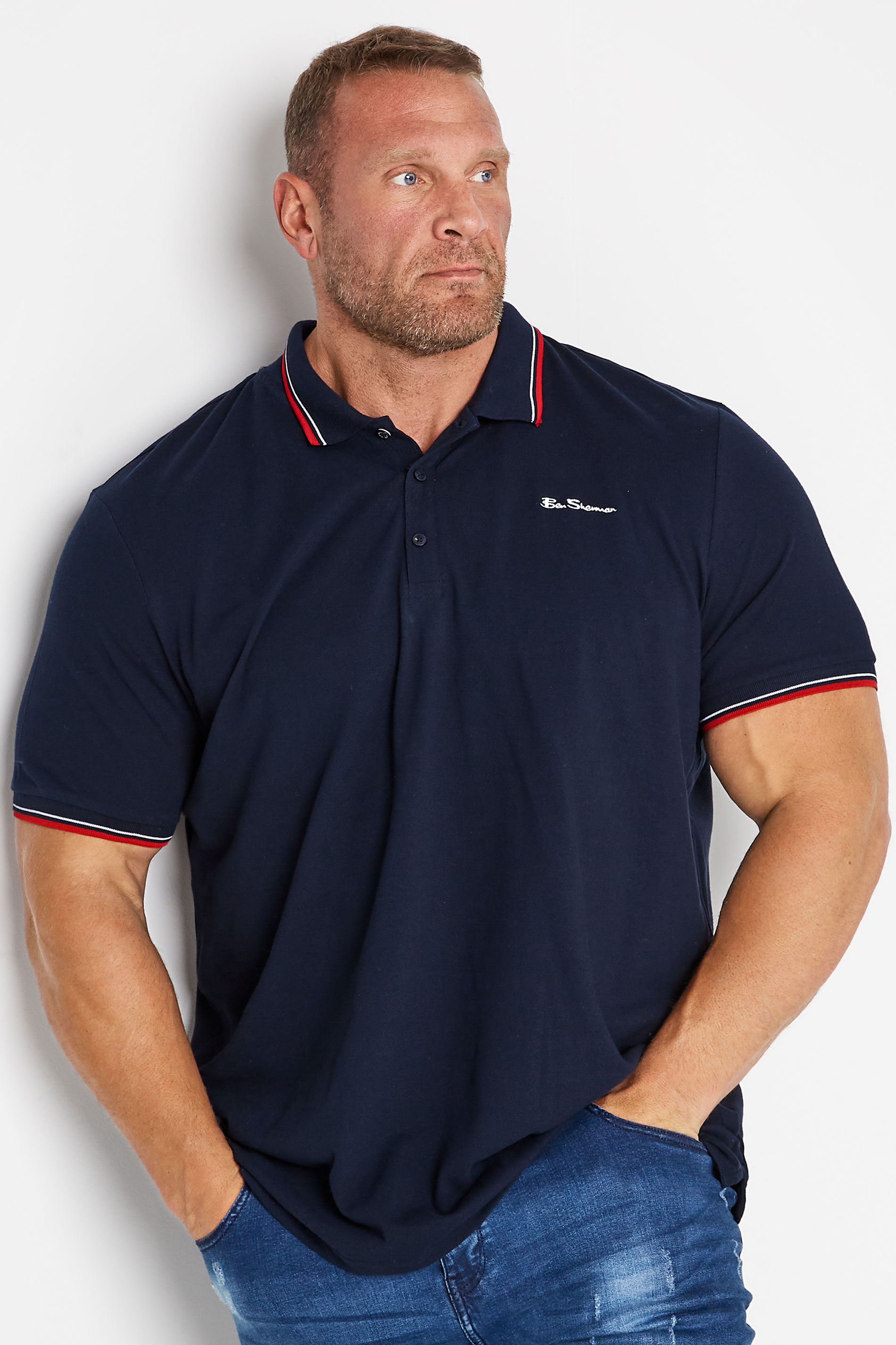 BEN SHERMAN Navy Blue Tipped Polo Shirt | BadRhino 1