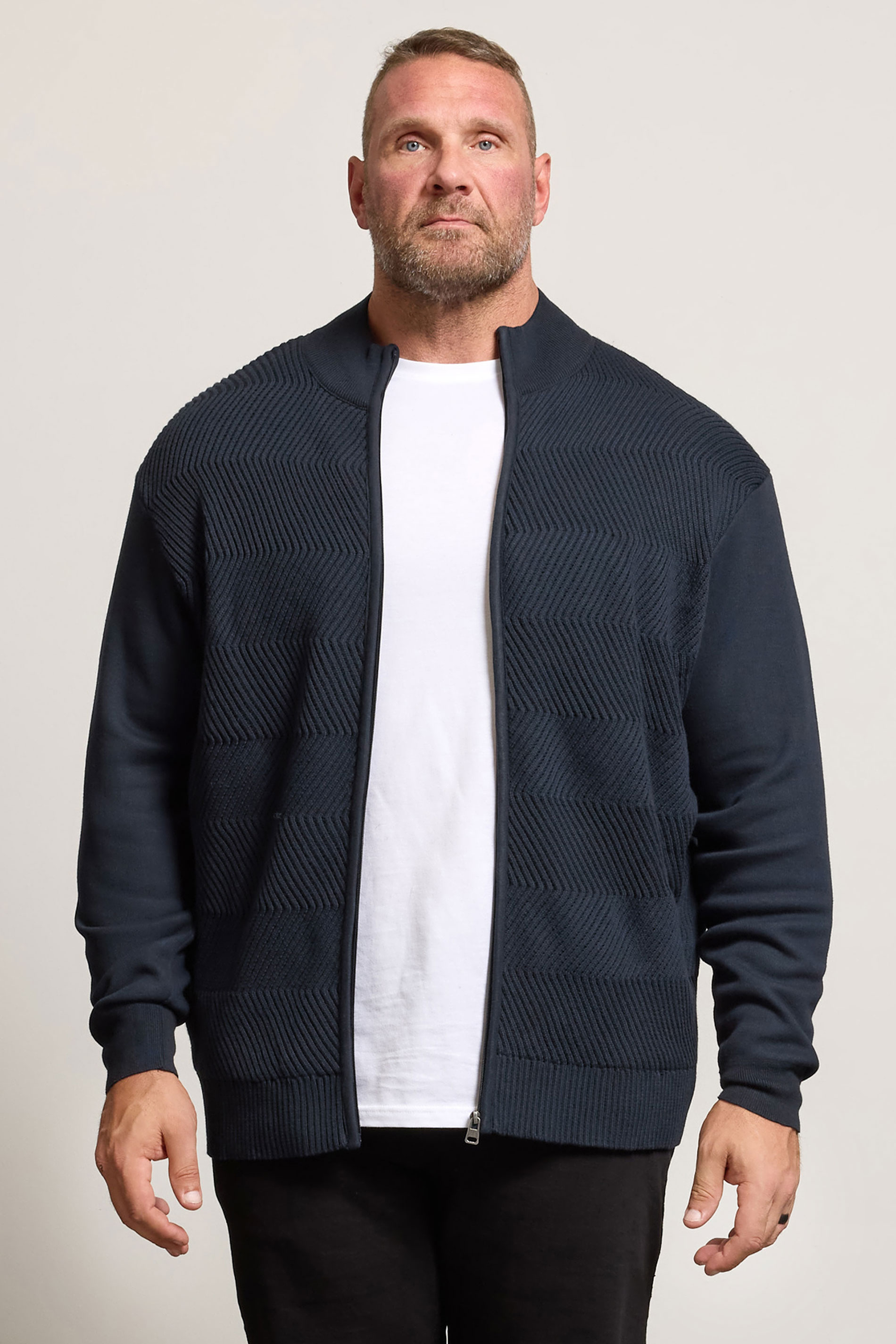 BadRhino Big & Tall Navy Blue Fleece Lined Ribbed Zip Through Ribbed Jumper | BadRhino 1
