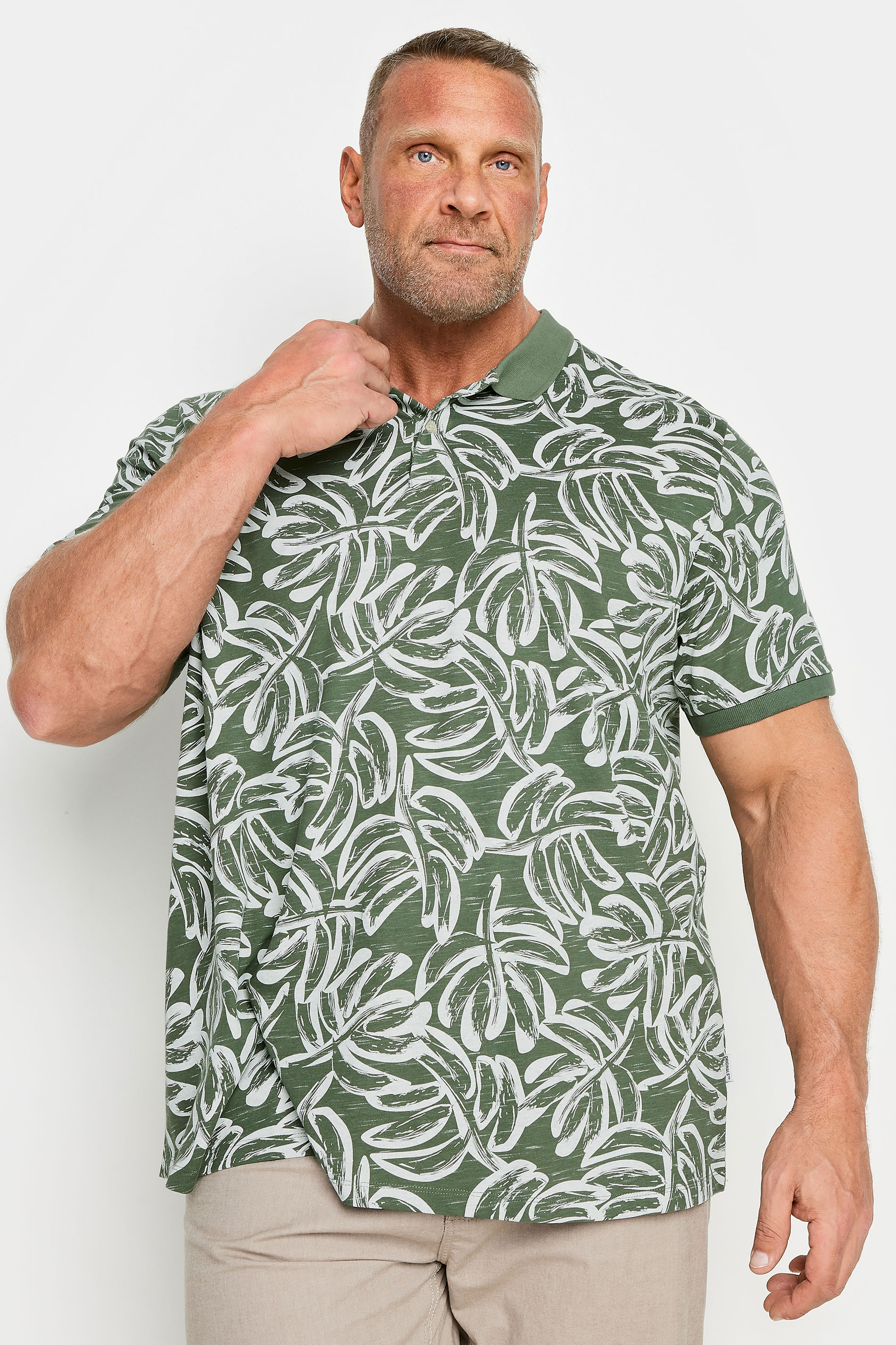 JACK & JONES Big & Tall Green Tropical Print Short Sleeve Polo T-Shirt | BadRhino 1