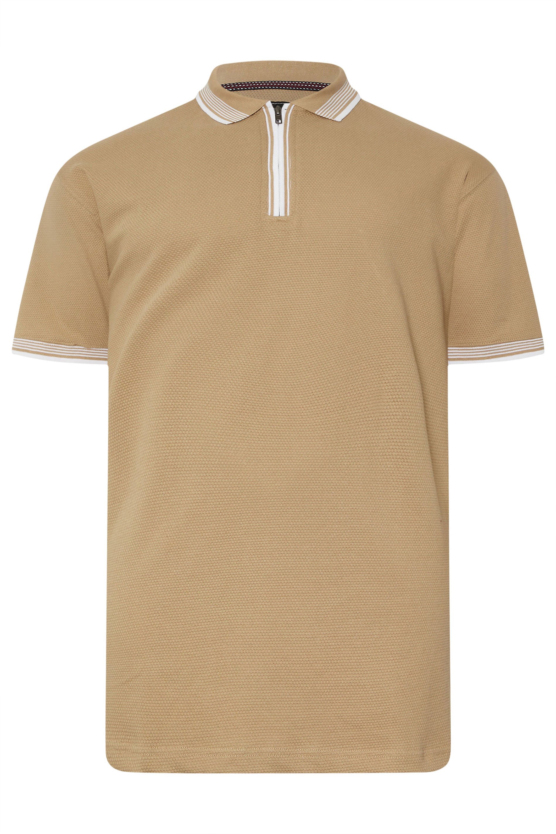KAM Big & Tall Stone Brown Textured Zip Up Polo Shirt | BadRhino 3