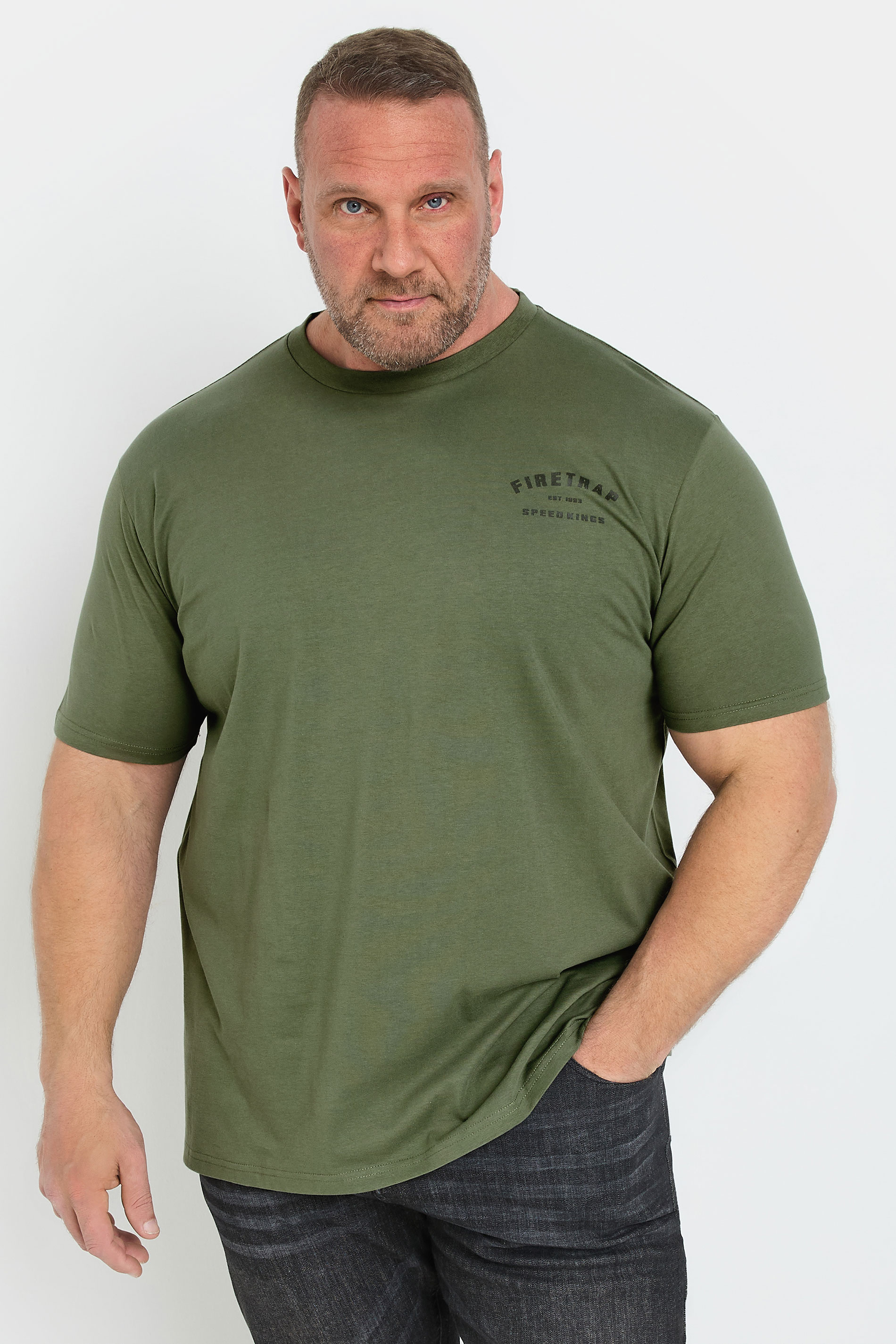 FIRETRAP Big & Tall Khaki Green 'Born To Ride' Print T-Shirt | BadRhino 1