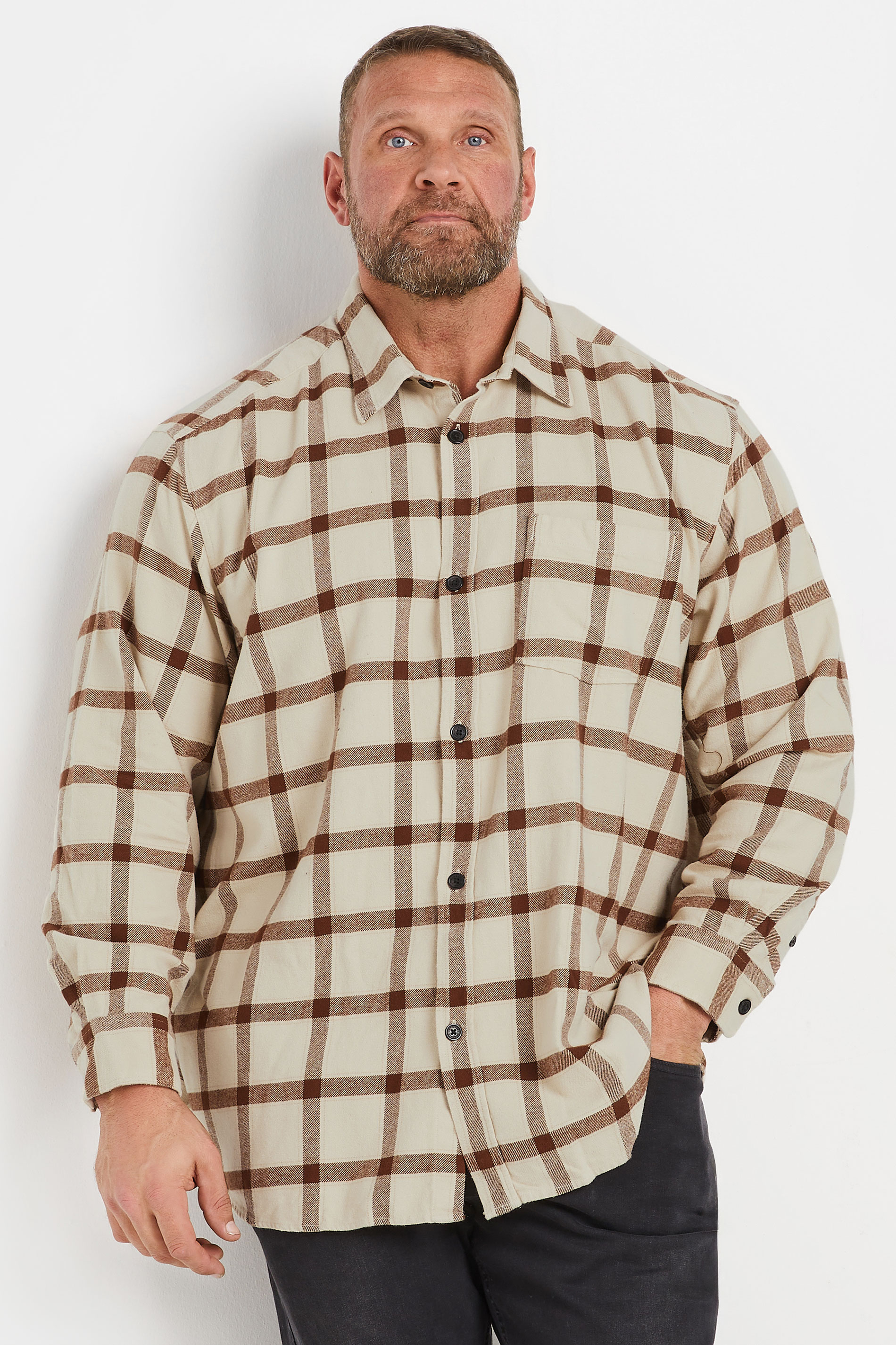 JACK & JONES Big & Tall Beige & Brown Check Print Flannel Shirt | BadRhino 1