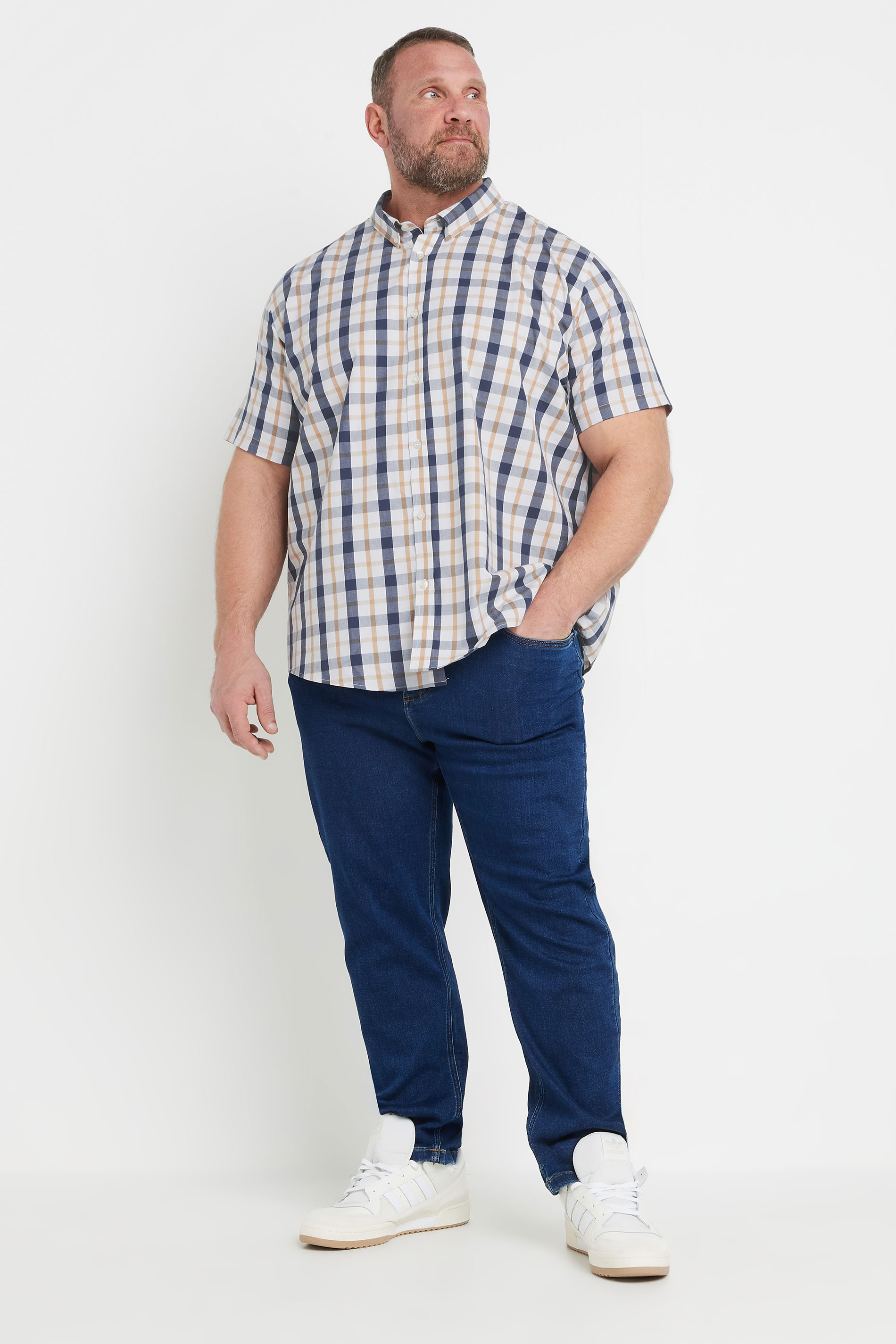 BadRhino Big & Tall Navy Blue & Tan Brown Short Sleeve Check Shirt | BadRhino 2