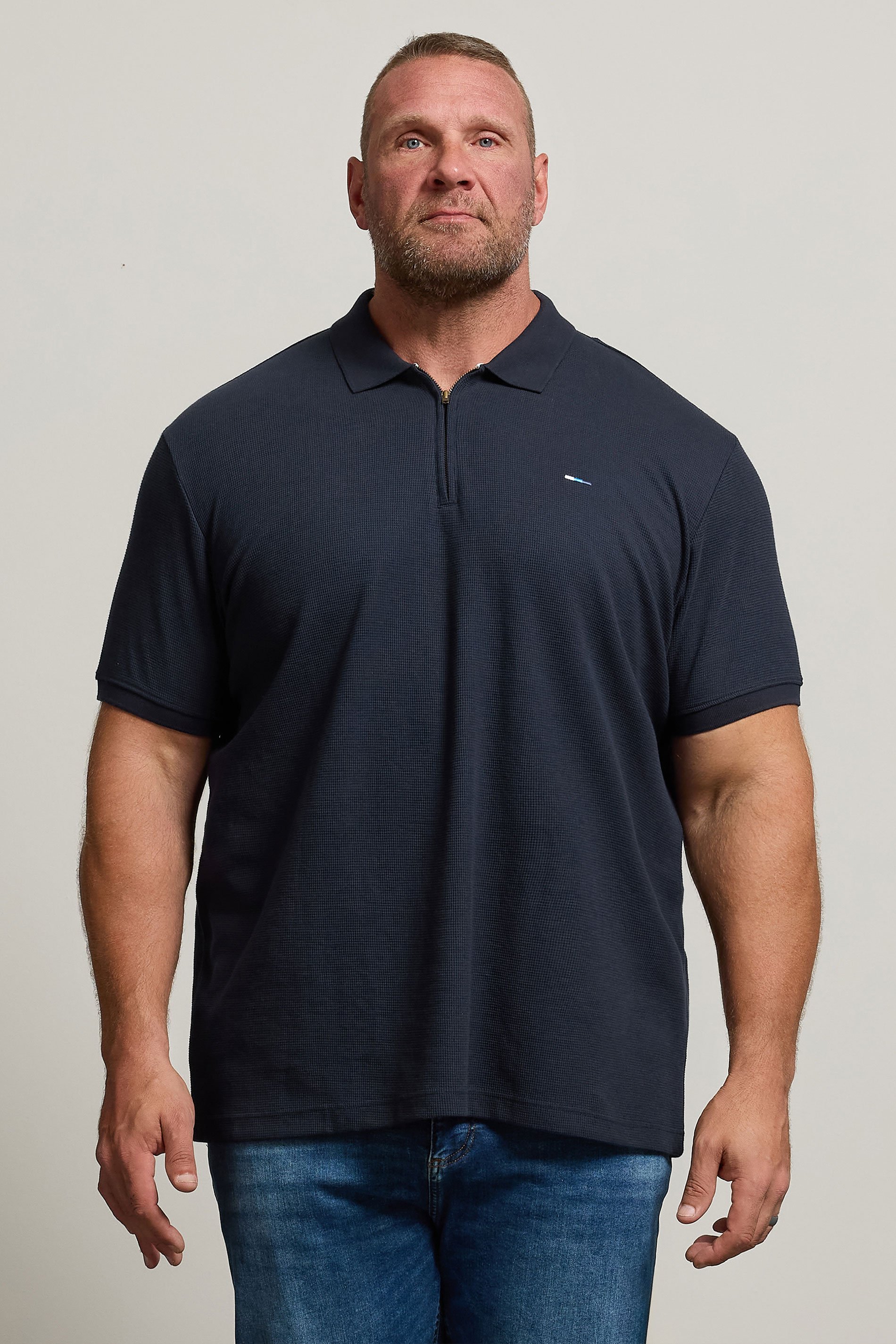 BadRhino Big & Tall Navy Blue Waffle Texture Zip Polo Shirt | BadRhino 1