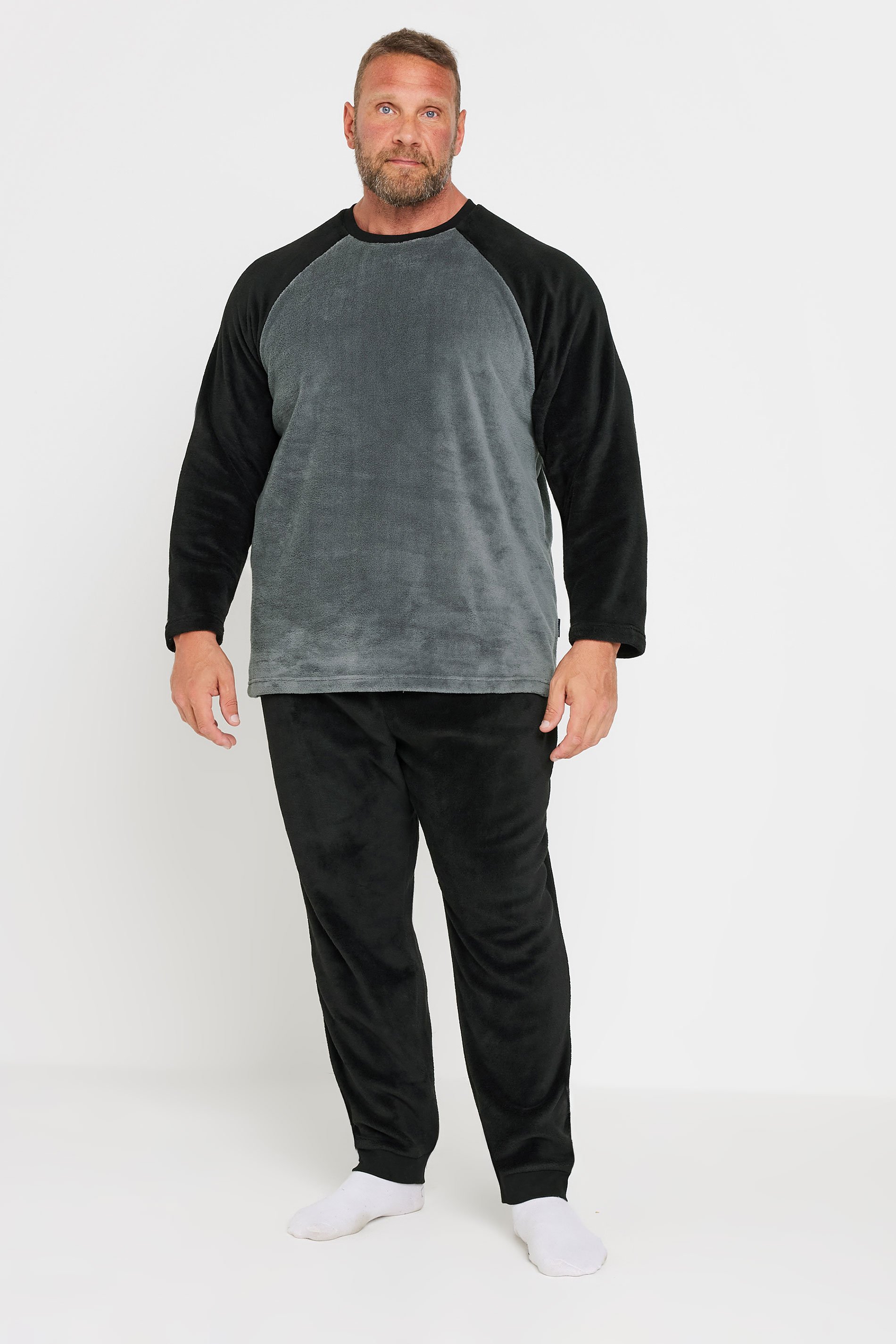 BadRhino Big & Tall Black & Grey Raglan Sleeve Fleece Pyjama Set | BadRhino 2