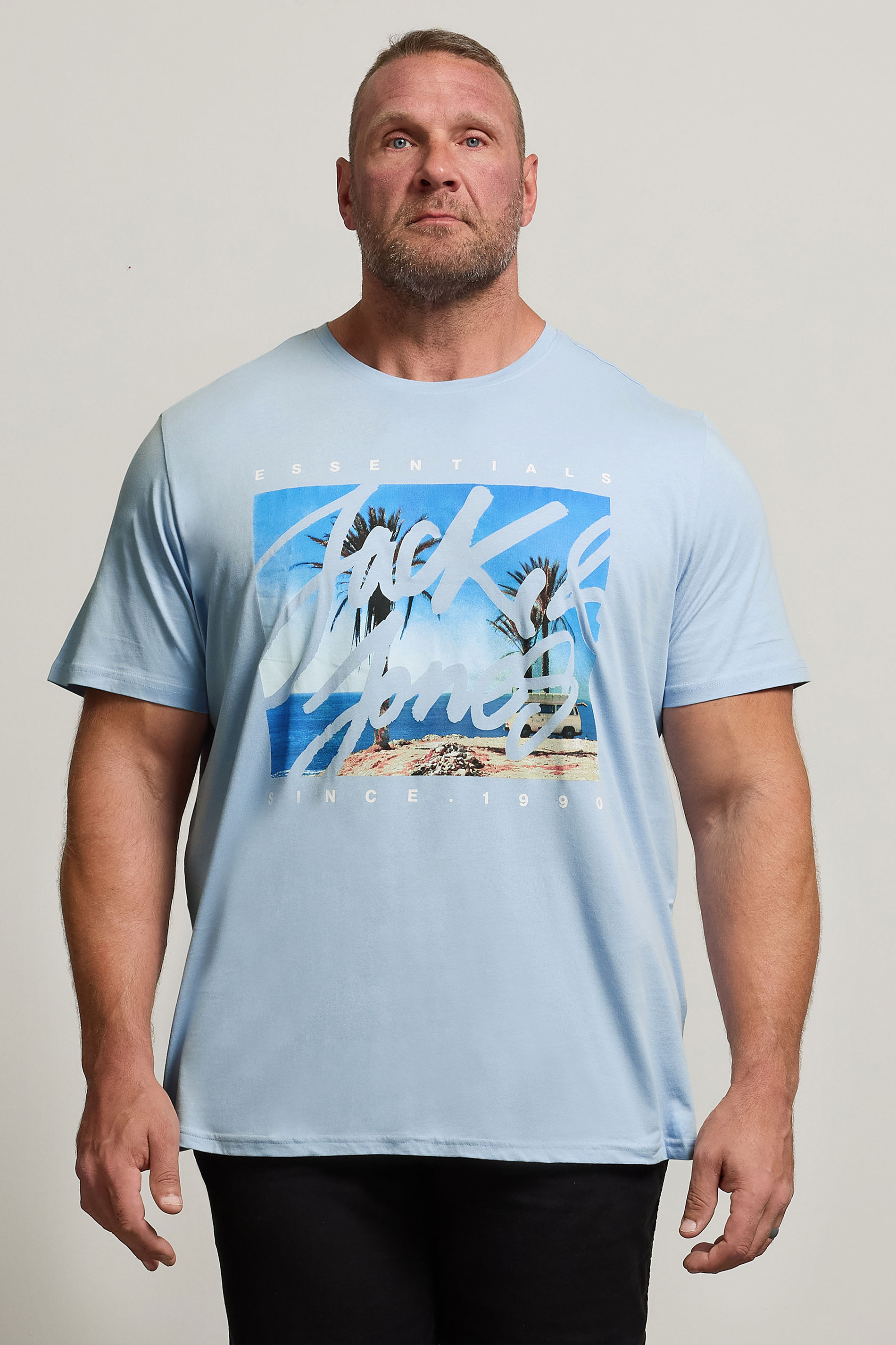 JACK & JONES Big & Tall Chambray Blue Photo-Print T-Shirt | BadRhino 1