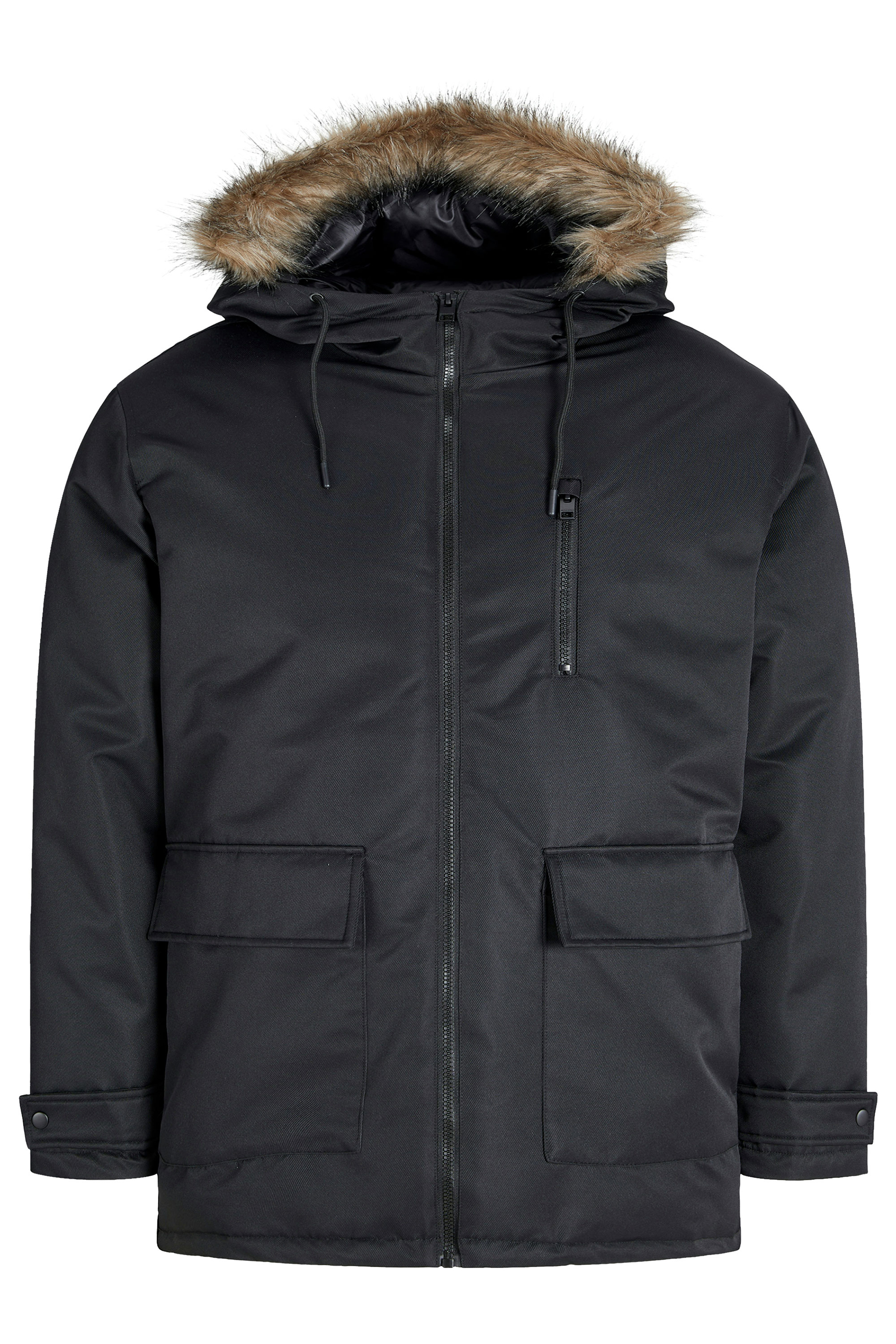 JACK & JONES Big & Tall Black Faux Fur Detachable Hooded Parka Jacket | BadRhino 1