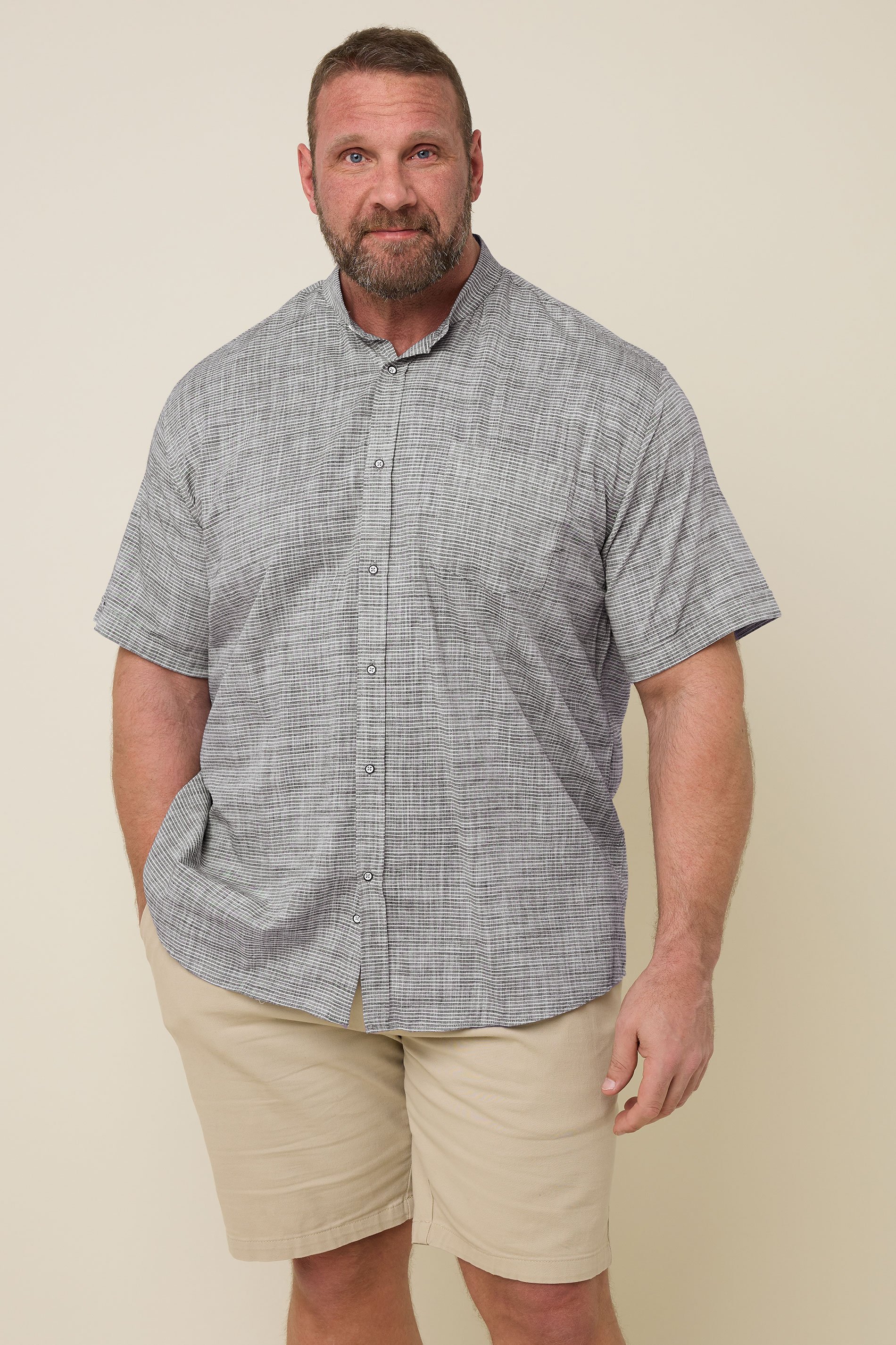 KAM Big & Tall Charcoal Grey Stripe Grandad Collar Shirt | BadRhino 1