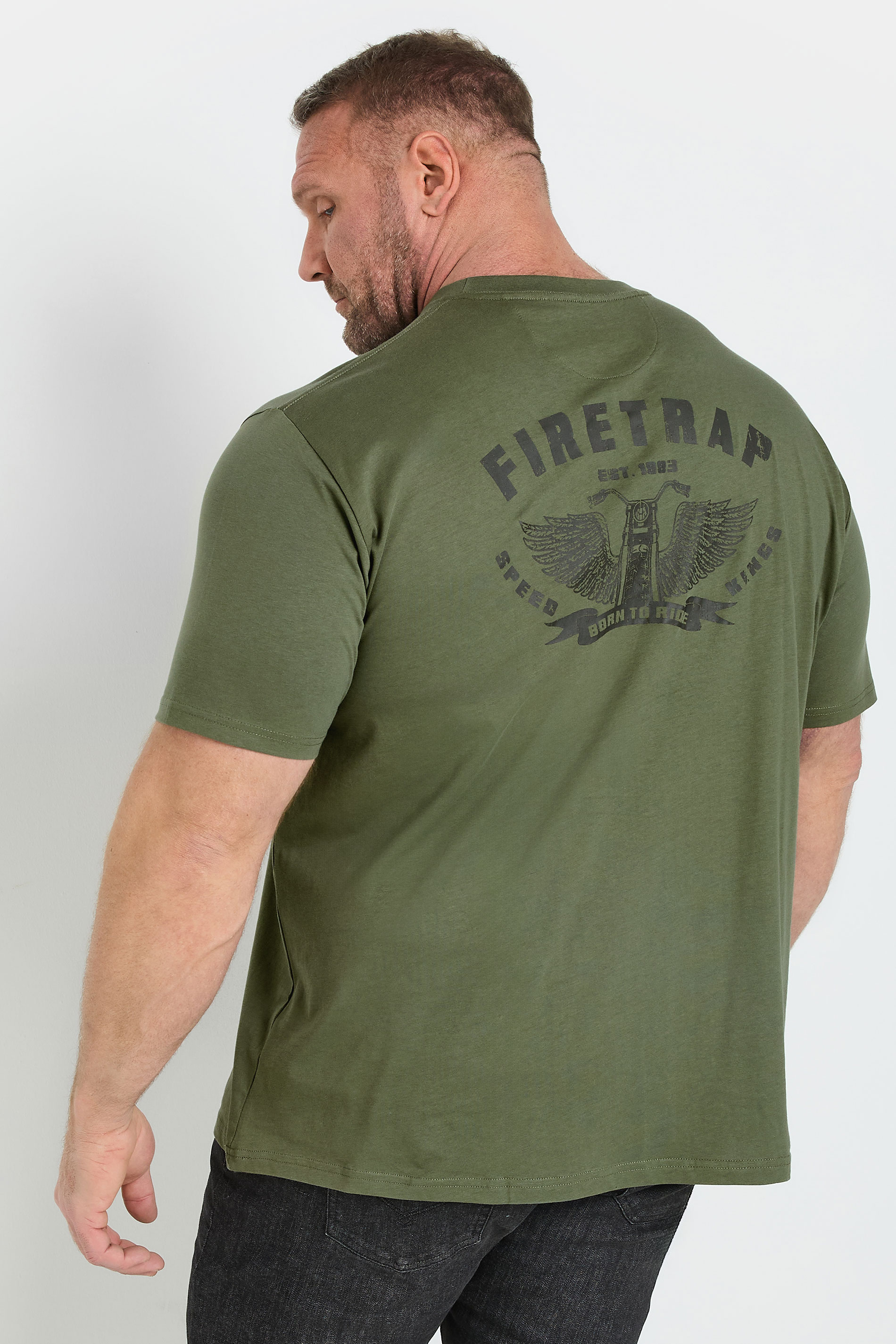 FIRETRAP Big & Tall Khaki Green 'Born To Ride' Print T-Shirt | BadRhino 2