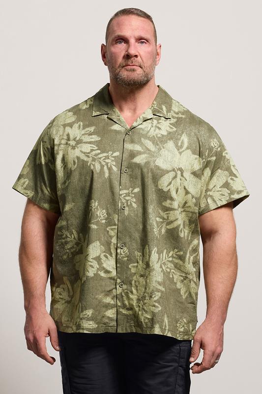  JACK & JONES Big & Tall Smokey Olive Green Tropical Print Short Sleeve Shirt