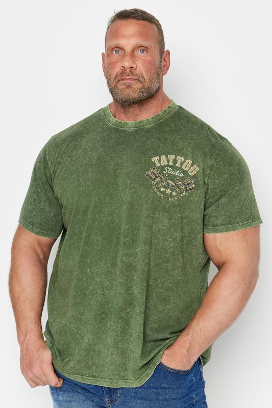Men's  BadRhino Big & Tall Khaki Green Acid Wash 'Tattoo Studio' Print T-Shirt
