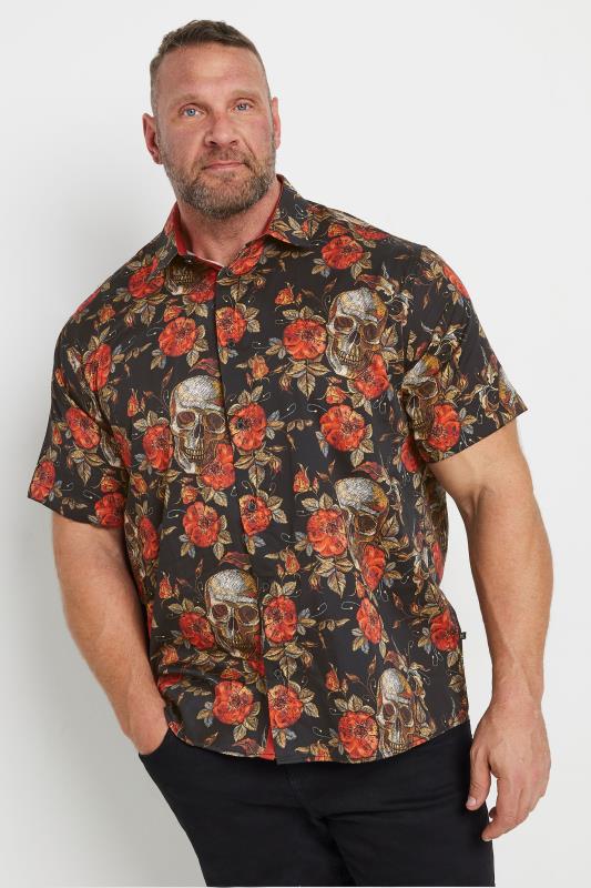 Men's  KAM Big & Tall Black Floral Skull Print Short Sleeve Shirt