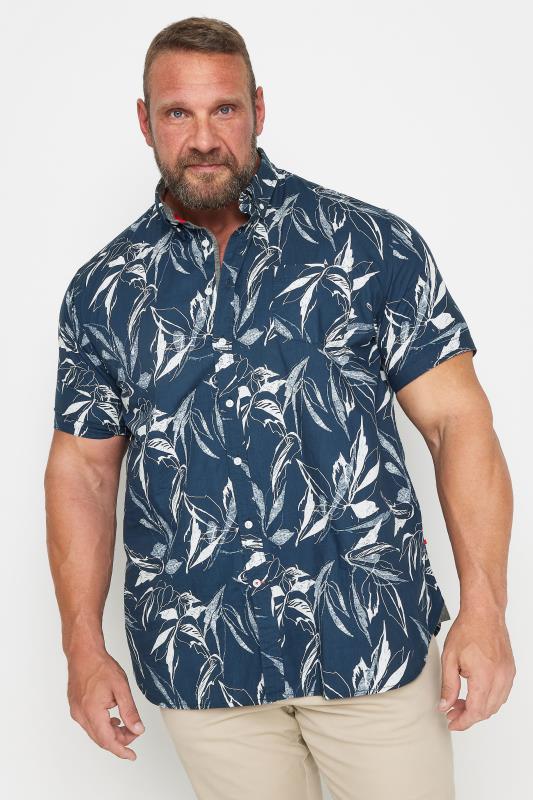 Men's  D555 Big & Tall Navy Blue & White Hawaiian Print Short Sleeve Shirt