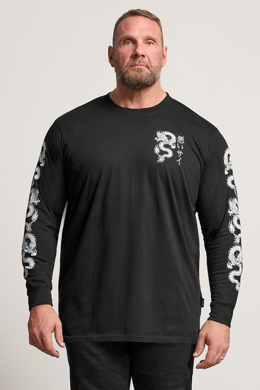 Men's  BadRhino Big & Tall Black Extra Long Dragon Graphic Long Sleeve T-shirt