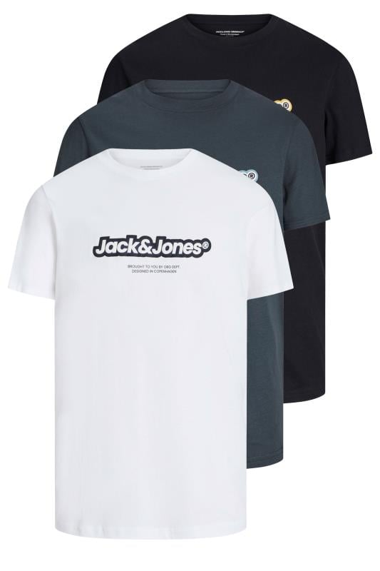 JACK & JONES Big & Tall 3 PACK White & Navy Blue Logo T-Shirts | BadRhino 1