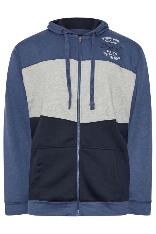 KAM Big & Tall Blue Zip Through Contrast Panel Hoodie | BadRhino 1