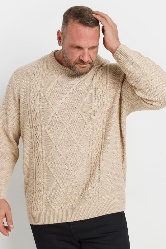 JACK & JONES Big & Tall Cream Cable Knit Jumper | BadRhino 1