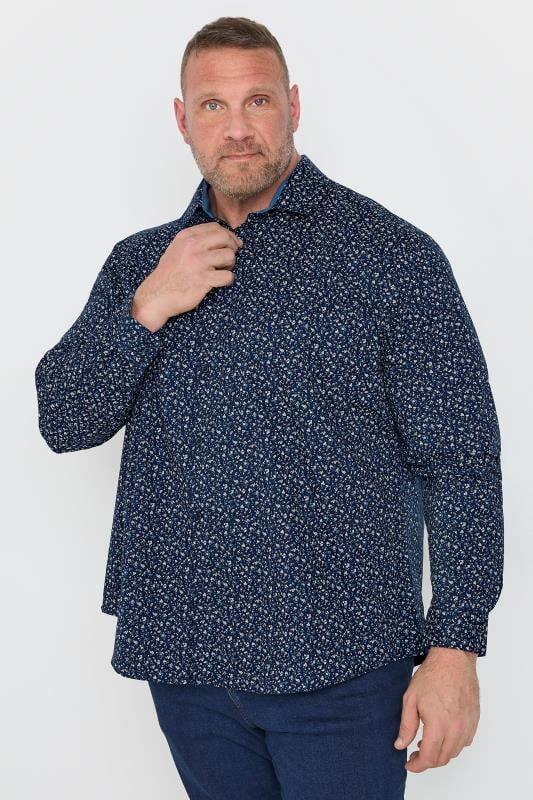 BadRhino Big & Tall Navy Blue Micro Floral Print Formal Shirt | BadRhino 2