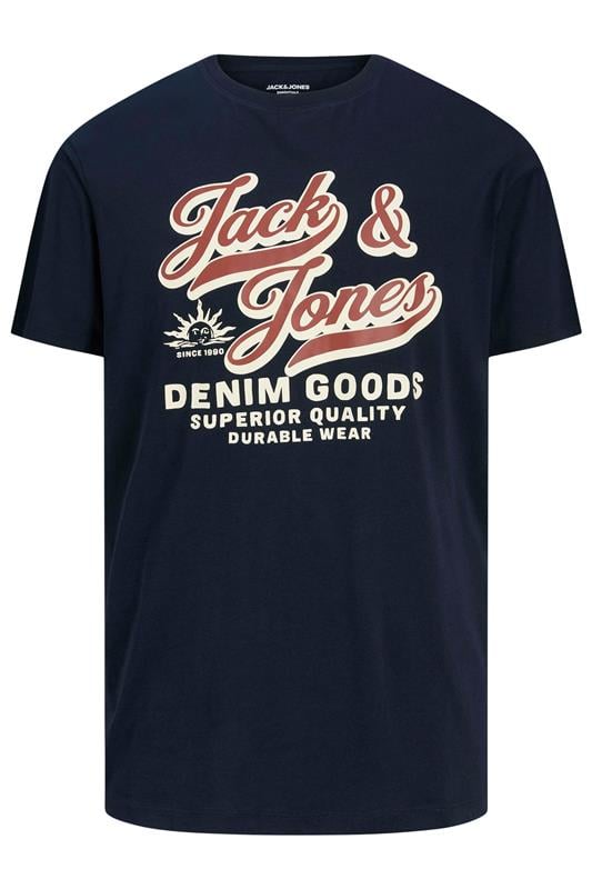 JACK & JONES Big & Tall Navy Blue Logo Chest Print T-Shirt | BadRhino 1