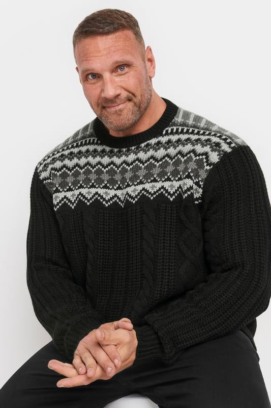 BadRhino Big & Tall Black Crew Neck Fairisle Knit Jumper | BadRhino 1