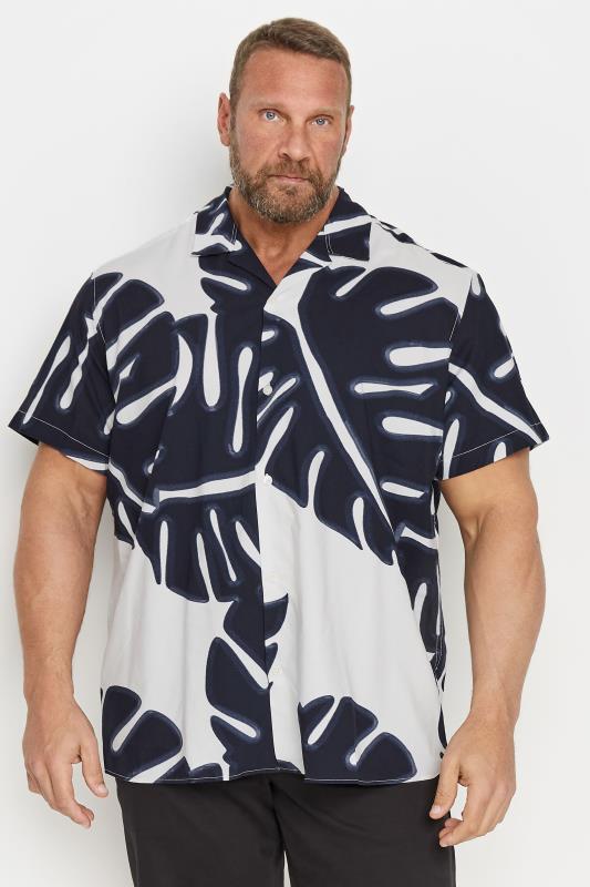 Men's  JACK & JONES Big & Tall Black & White Leaf Print Resort Shirt