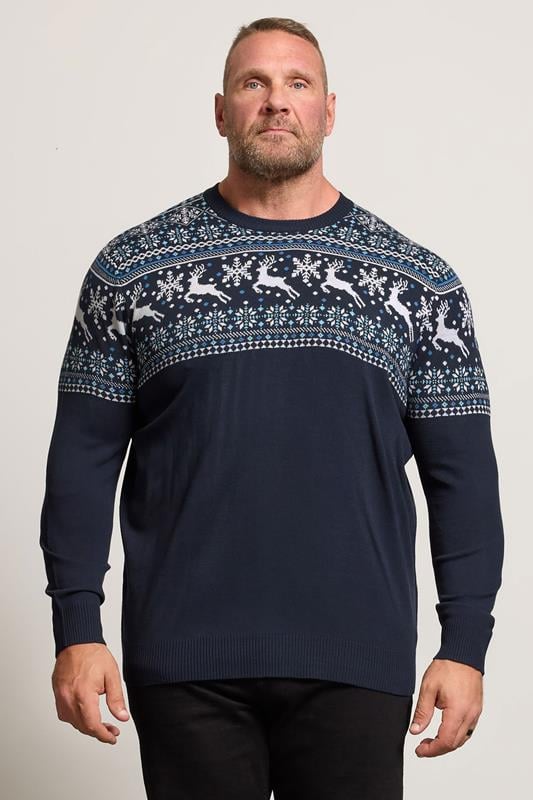 BadRhino Big & Tall Navy Blue Crew Neck Fairisle Knitted Jumper | BadRhino 1
