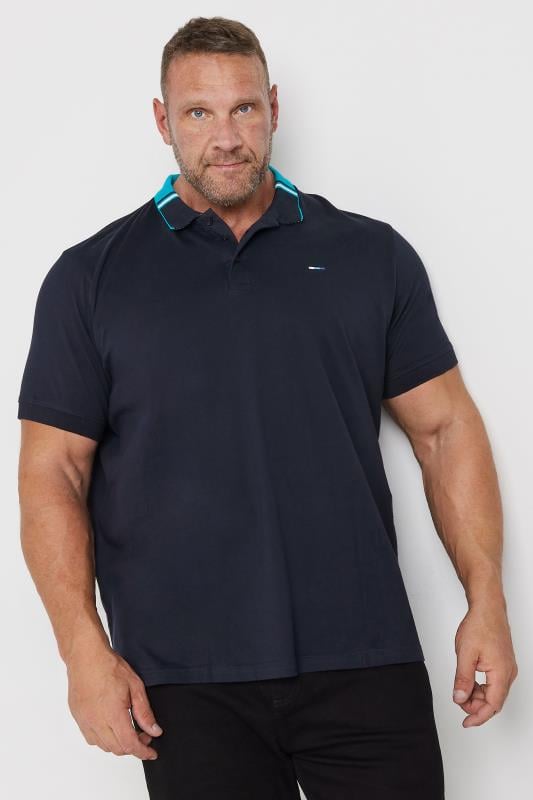 BadRhino Big & Tall Navy Blue Stripe Detail Jacquard Collar Polo Shirt | BadRhino 2