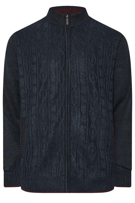 D555 Big & Tall Navy Blue Marl Zip Through Cable Knit Jumper | BadRhino 1
