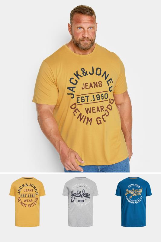 Men's  JACK & JONES Big & Tall 3 PACK Blue & Yellow Logo T-Shirts