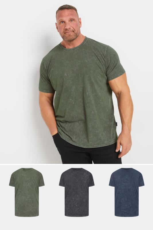 BadRhino Big & Tall 3 PACK Khaki & Navy Acid Wash T-Shirts | BadRhino 1