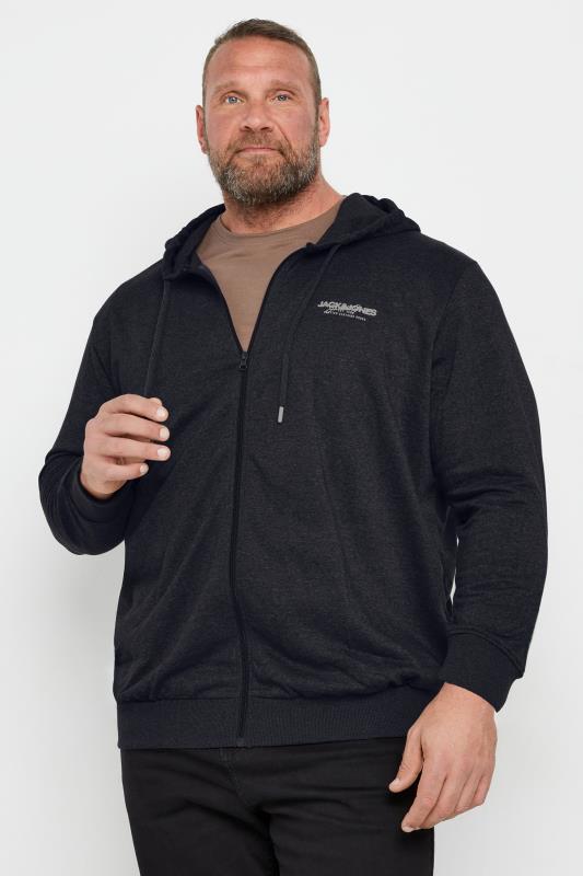 JACK & JONES Big & Tall Black Zip Through Logo Hoodie | BadRhino 1