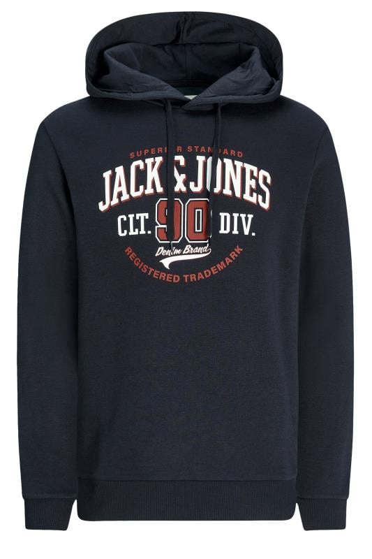 JACK & JONES Big & Tall Navy Blue Varsity Printed Hoodie | BadRhino 1