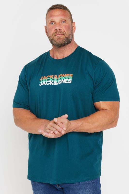 JACK & JONES Big & Tall Teal Geen Chest Logo Trio Crew Neck T-Shirt | BadRhino 1