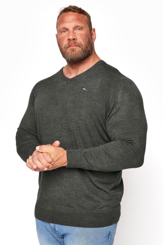 Men's  BadRhino Big & Tall Charcoal Grey V-Neck Knitted Jumper
