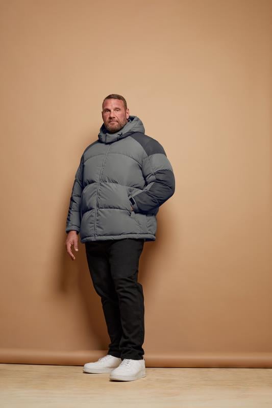 JACK & JONES Big & Tall Grey Contrast Panel Puffer Jacket | BadRhino 1