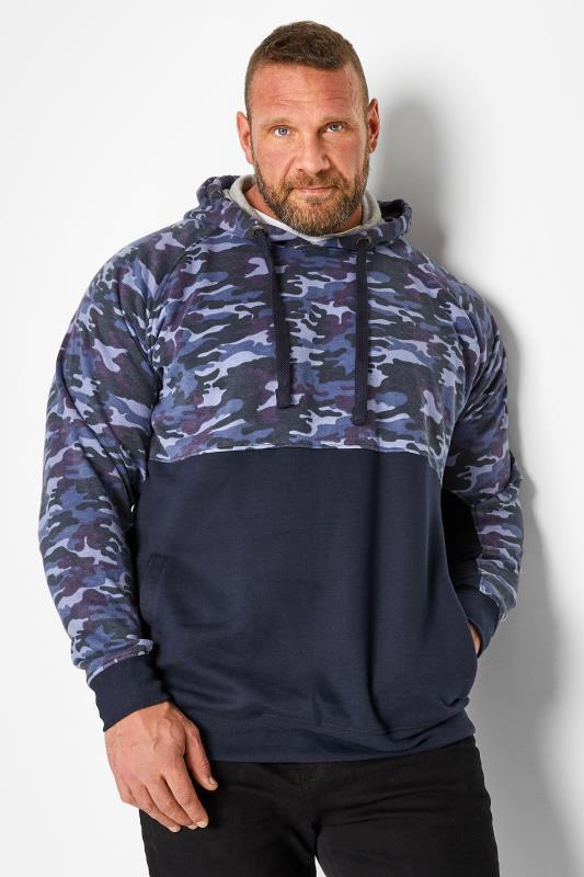 KAM Big & Tall Navy Blue Camo Colour Block Hoodie | BadRhino 1