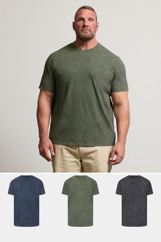 BadRhino Big & Tall 3 PACK Khaki & Navy Acid Wash T-Shirts