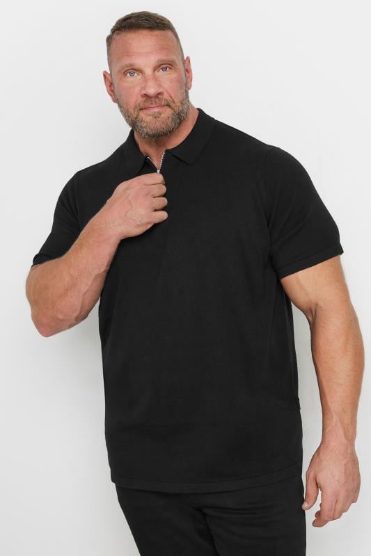 BadRhino Big & Tall Black Knitted Short Sleeve Zip Polo Shirt | BadRhino 1