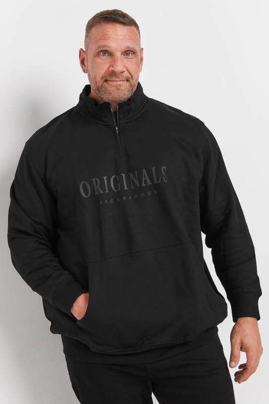 JACK JONES Big Tall Black Originals Quarter Zip Sweatshirt BadRhino