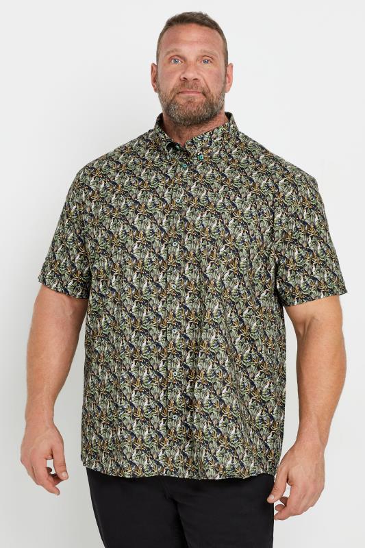 ESPIONAGE Big & Tall Navy Blue Tropical Print Stretch Shirt | BadRhino 1