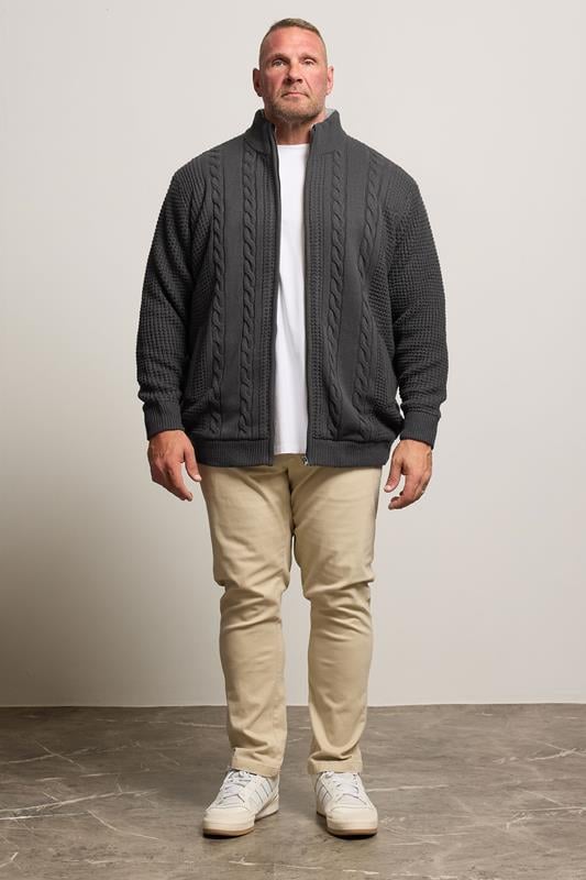 BadRhino Big & Tall Charcoal Grey Sherpa Lined Zip Through Cable Jumper | BadRhino 3